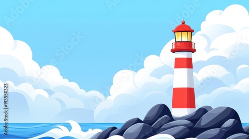 Captivating image of a lighthouse perched on rocks, waves crashing and sun reflections peeking through the cloudy sky.