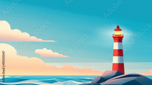 Captivating image of a lighthouse perched on rocks, waves crashing and sun reflections peeking through the cloudy sky.