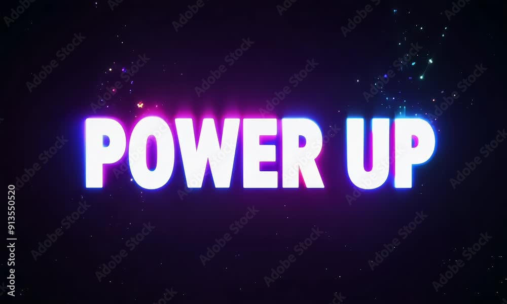 Power up text animation with glowing neon pink and blue glitter visual effect on black Power up text animation with glowing neon pink and blue glitter visual effect on black