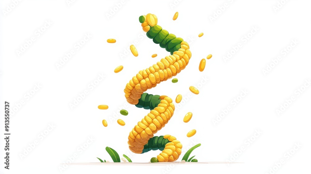 Naklejka premium Explore genemodified corn grits designed like a helix, featuring a modern, textured cartoon illustration for a fresh take