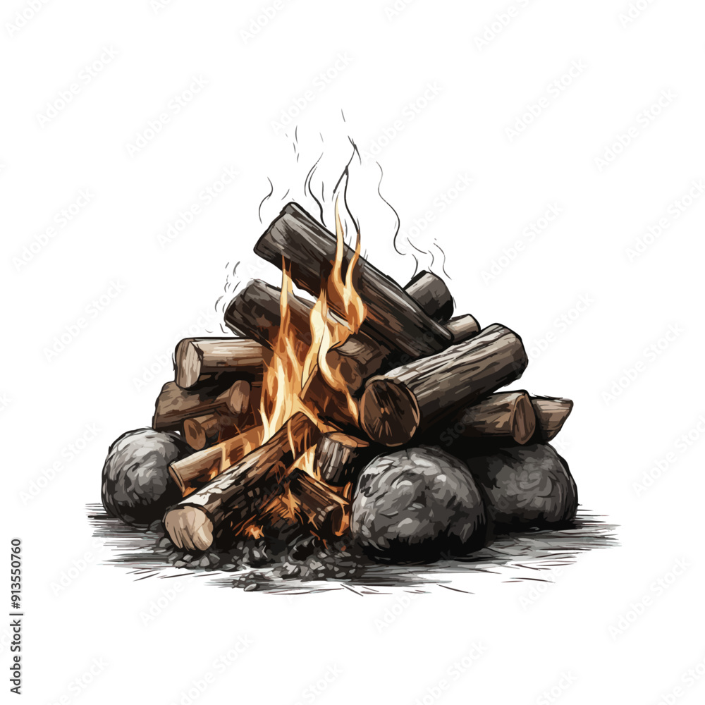 A hand-drawn illustration of a campfire with burning logs and stones. A hand-drawn illustration of a campfire with burning logs and stones.