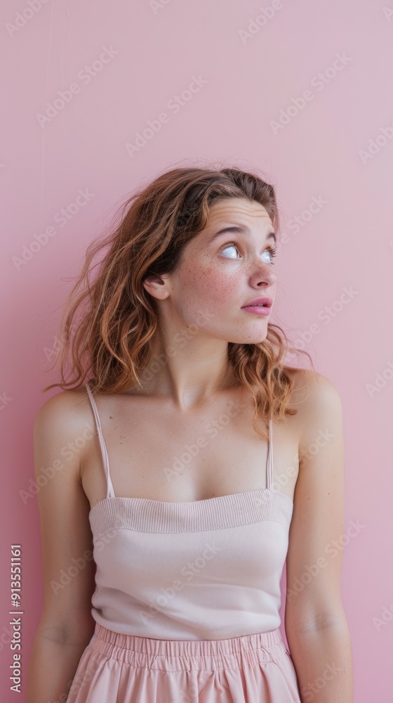 Woman in full-length, feeling embarrassed, her cheeks flushed and eyes looking away from the camera, set against a light pink background. Woman in full-length, feeling embarrassed, her cheeks flushed and eyes looking away from the camera, set against a light pink background.