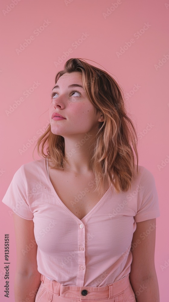 Woman in full-length, feeling embarrassed, her cheeks flushed and eyes looking away from the camera, set against a light pink background. Woman in full-length, feeling embarrassed, her cheeks flushed and eyes looking away from the camera, set against a light pink background.