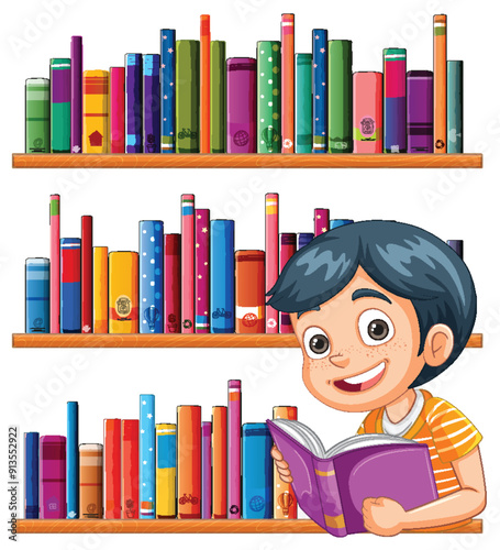 Boy Reading in a Library