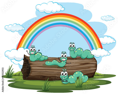 Happy Caterpillars Under Rainbow
