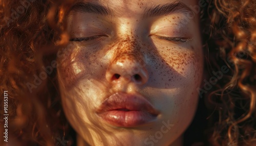 Close-Up Of A Young Woman With Freckles Enjoying Sunlight Outdoors During Golden Hour