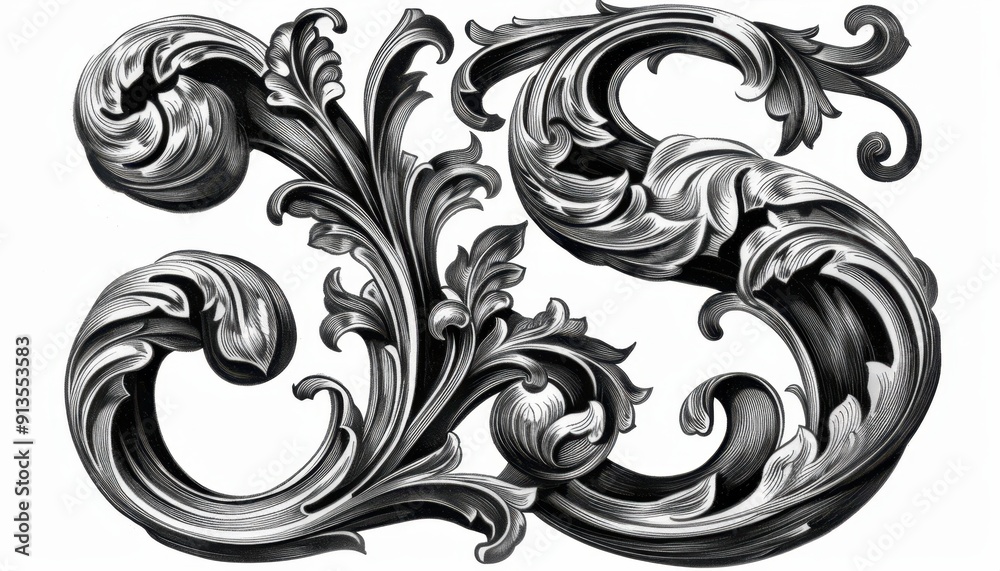 Intricate Ornate Floral Design Featuring Elegant Swirls and Curves in Black and White Intricate Ornate Floral Design Featuring Elegant Swirls and Curves in Black and White