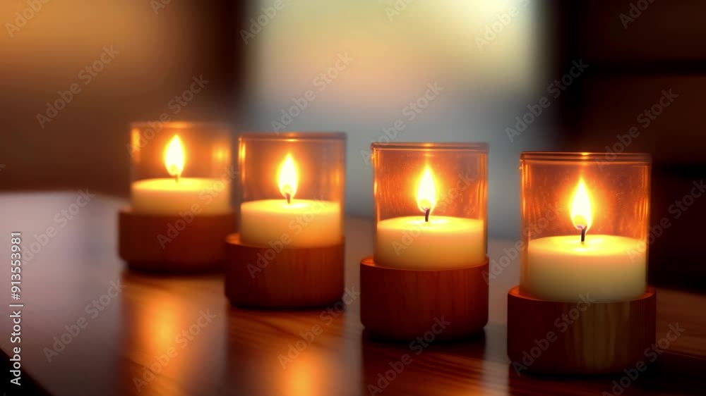 A row of lit candles arranged on a table creating a cozy and inviting atmosphere A row of lit candles arranged on a table creating a cozy and inviting atmosphere