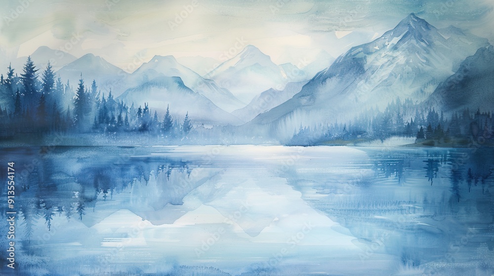 Winter Mountain Lake Landscape Watercolor Painting with Snow-capped Peaks Reflected in Still Water Misty Forest Serene Nature Scene Art Winter Mountain Lake Landscape Watercolor Painting with Snow-capped Peaks Reflected in Still Water Misty Forest Serene Nature Scene Art