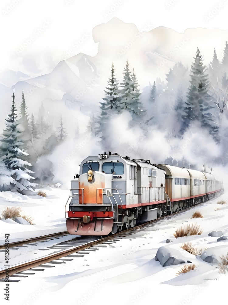 Winter Train Watercolor Landscape Nature Art Winter Train Watercolor Landscape Nature Art