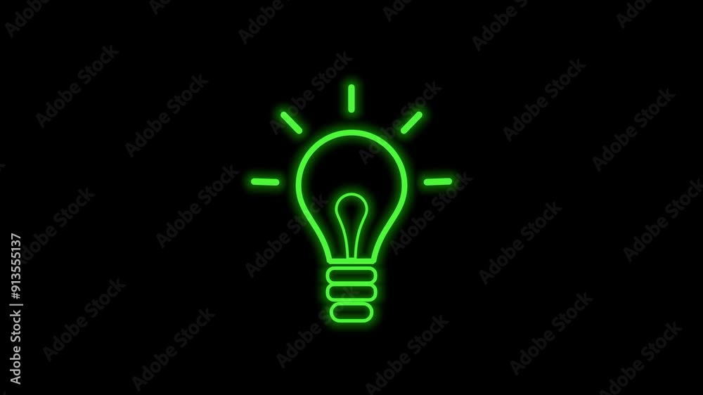 Green light bulb, emitting light rays. Animated idea sign, cartoon icon. Light bulb symbol on transparent black background. video element Green light bulb, emitting light rays. Animated idea sign, cartoon icon. Light bulb symbol on transparent black background. video element