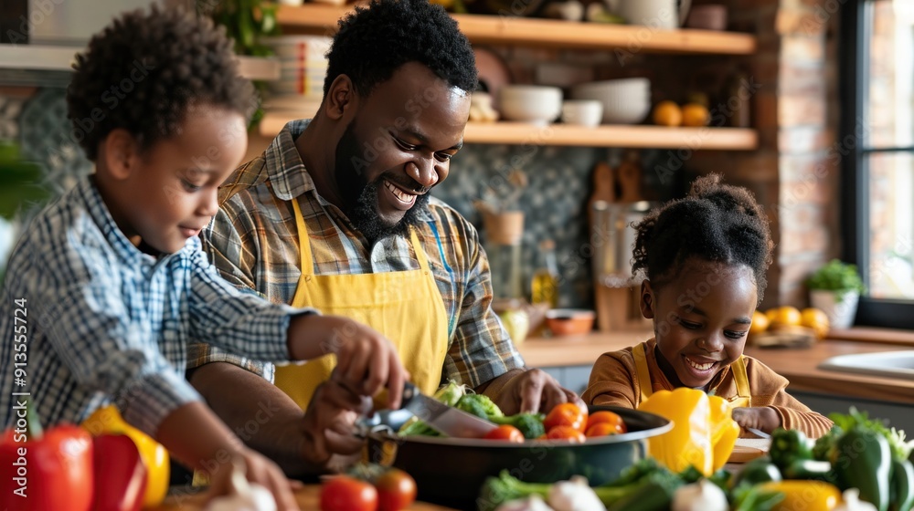 The family is preparing a colorful stir-fry together. The family is preparing a colorful stir-fry together.