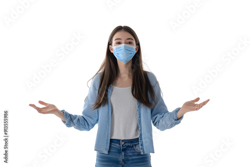 young woman standing with corona mask on a transparent background photo