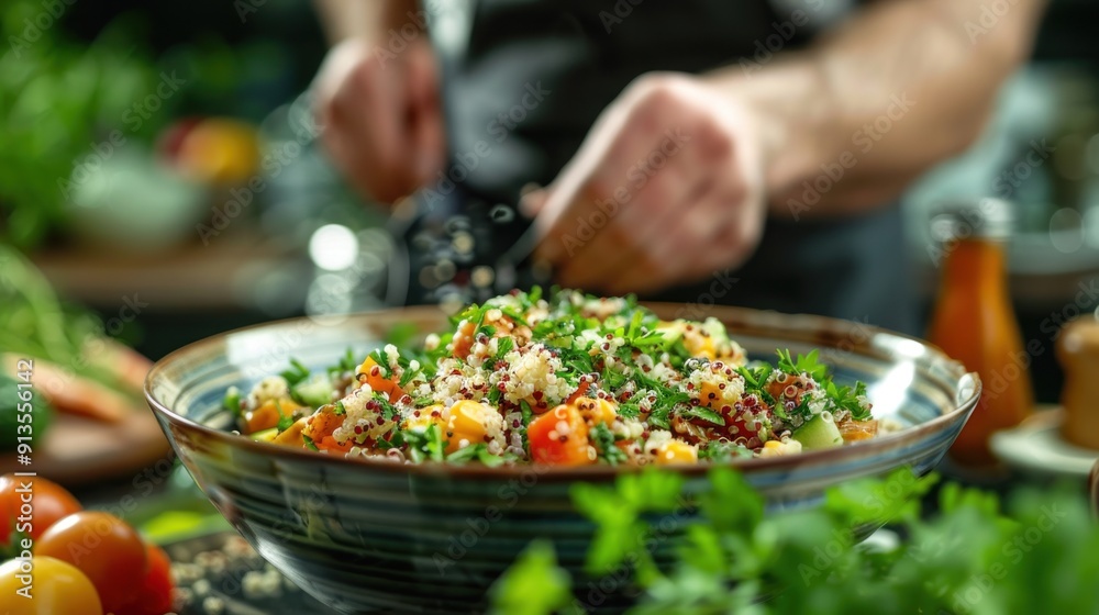 Chef prepares a bowl of nutritious grains and low-fat protein. Chef prepares a bowl of nutritious grains and low-fat protein.
