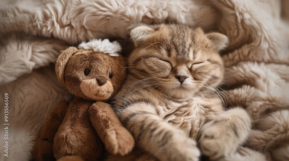 Fototapeta premium Adorable Cat Taking a Peaceful Nap Beside Beloved Toy