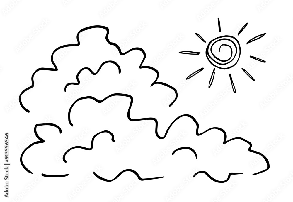Simple black outline vector drawing. Cumulus clouds, sun, sky, seasonal weather, climate. Elements of nature, atmosphere and air.