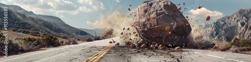 A large boulder tumbled down from the mountains shattering the pavement and obstructing half of the road photo