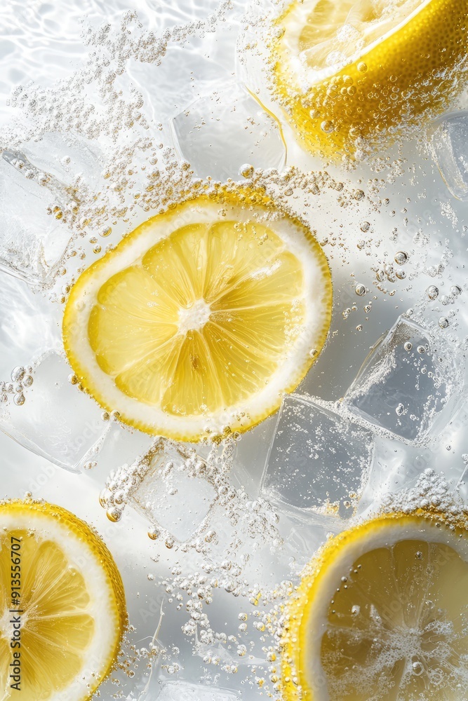 Fresh lemon slices submerged in sparkling water with ice cubes.