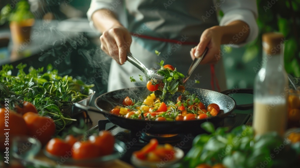 Chefs prepare nutritious food using healthy, organic ingredients. Chefs prepare nutritious food using healthy, organic ingredients.