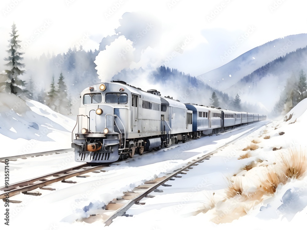 Winter Train Watercolor Landscape Nature Art Winter Train Watercolor Landscape Nature Art