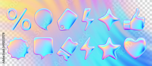 Set Realistic 3d objects for advertising and promotion. Holographic iridescent elements for design of sales and discounts. Percentage symbol. Price tag, coupon, lightning, star. Vector illustration.