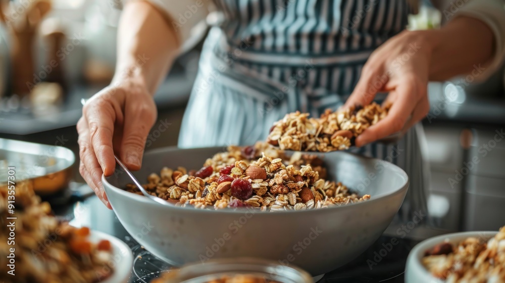 People making homemade granola from oats, nuts and dried fruits. People making homemade granola from oats, nuts and dried fruits.