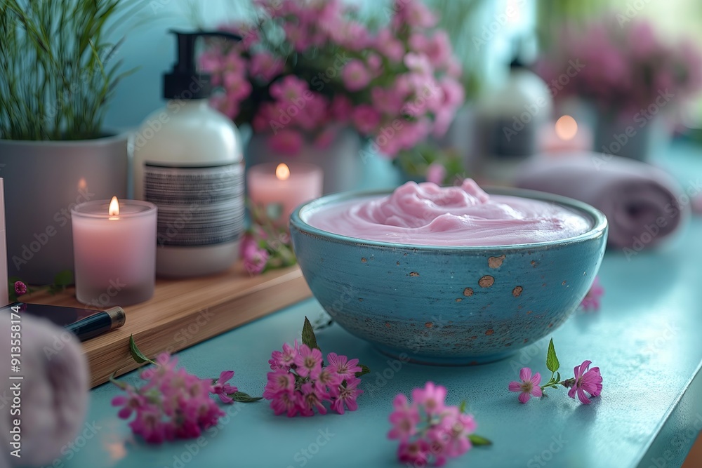 Relaxing Spa Atmosphere With Pink Cream and Calm Decor in a Natural Setting Relaxing Spa Atmosphere With Pink Cream and Calm Decor in a Natural Setting