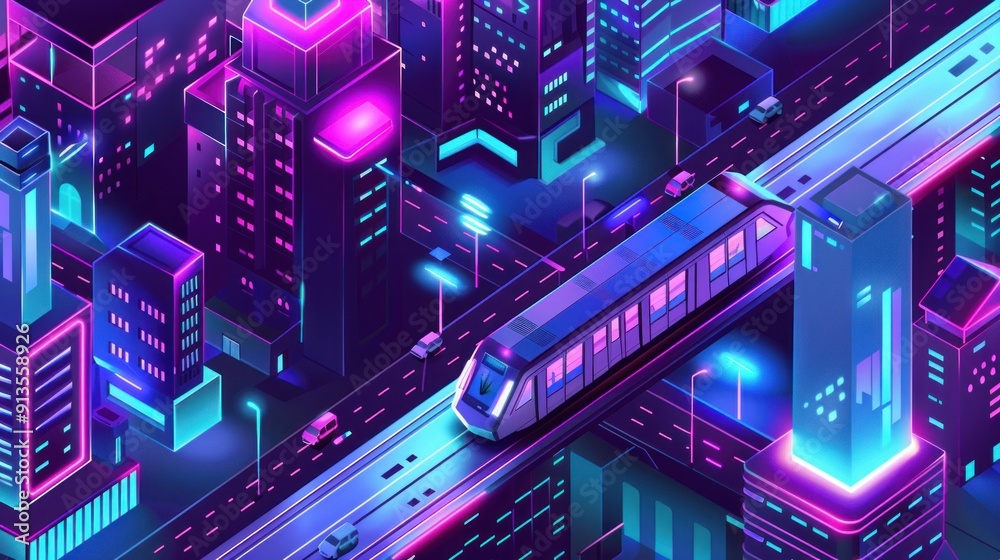 Futuristic Cityscape with Neon Lights and Train Futuristic Cityscape with Neon Lights and Train