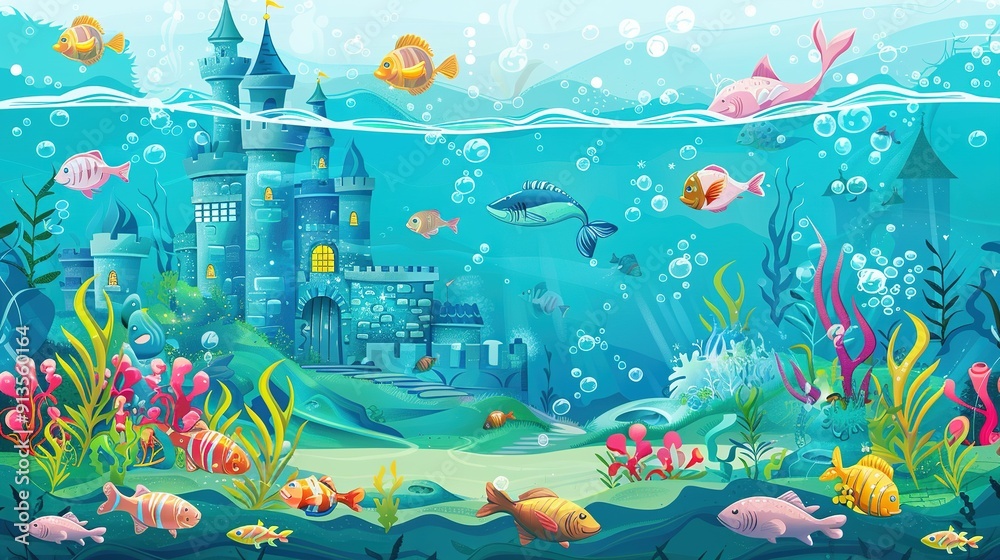 Naklejka premium Underwater Castle with Colorful Fish and Seaweed