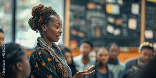 A female teacher addresses a group of students in a classroom setting, focusing on the importance of learning and engagement in education. african woman