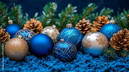 Blue and gold christmas ornaments on a blue background with pine cones