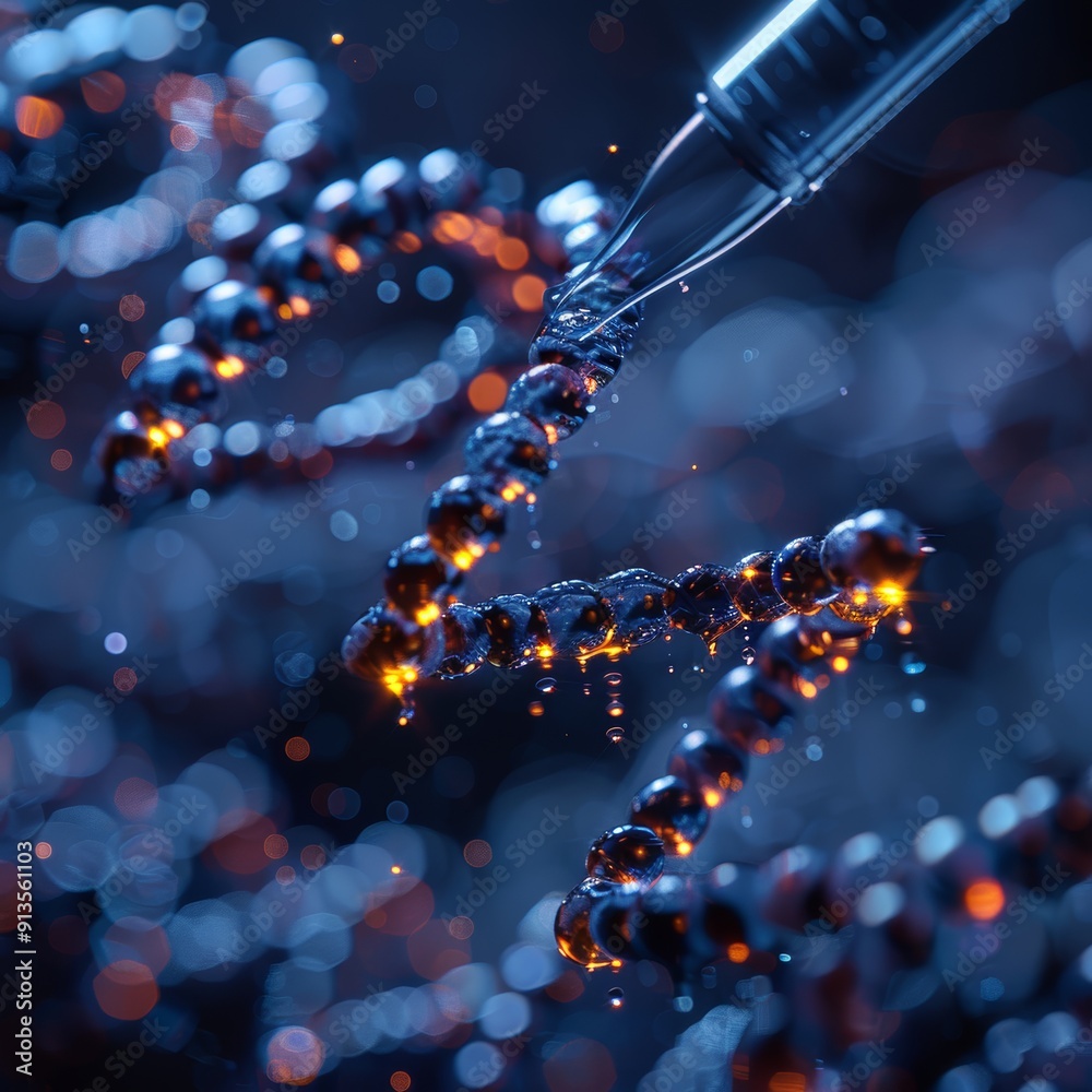A close-up view of a DNA strand being manipulated by a pipette, showcasing intricate details and vibrant colors in molecular biology. A close-up view of a DNA strand being manipulated by a pipette, showcasing intricate details and vibrant colors in molecular biology.