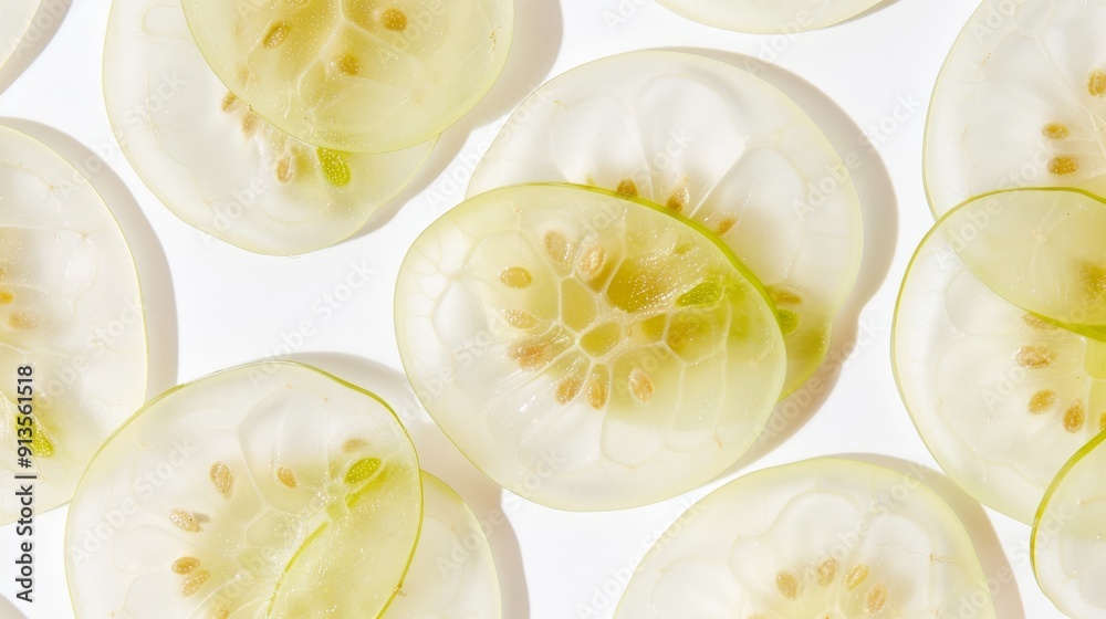 Close-up of gooseberry slices, each revealing the detailed seeds and pulp. The white background enhances the contrast with the vibrant fruit