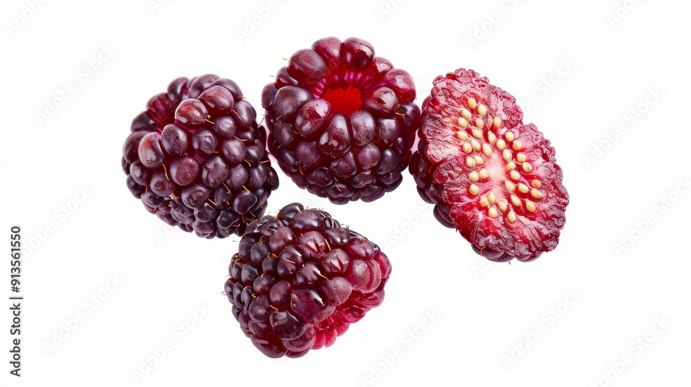 Close-up of mulberries cut into slices, revealing the vibrant red-purple hues and texture. Isolated on a stark white background for a clean look Close-up of mulberries cut into slices, revealing the vibrant red-purple hues and texture. Isolated on a stark white background for a clean look