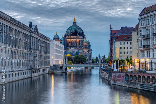 The Nikolaiviertel, the river Spree and the Cathedral in Berlin at twilight