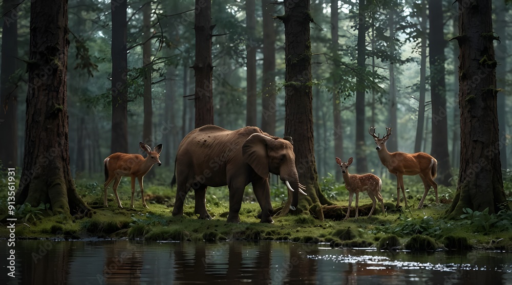 Fototapeta premium An animal group in a woodland coming together to look for water