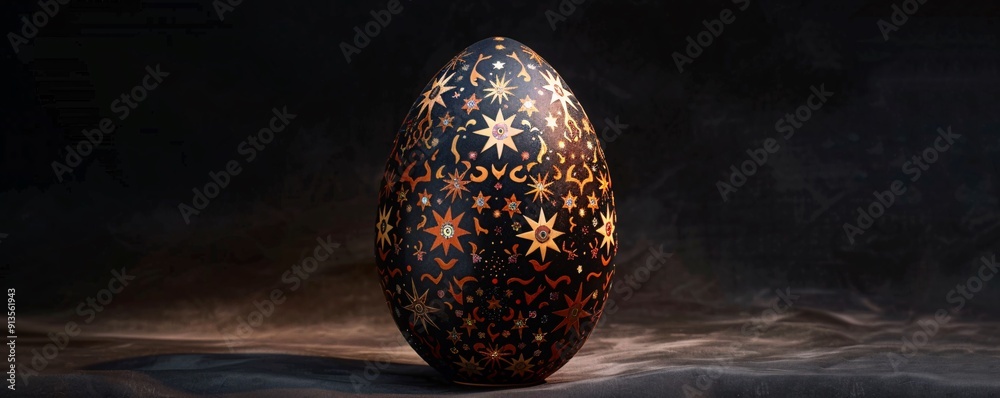 An intricately decorated egg with starry patterns, set against a dark, elegant background, positioned on the right side