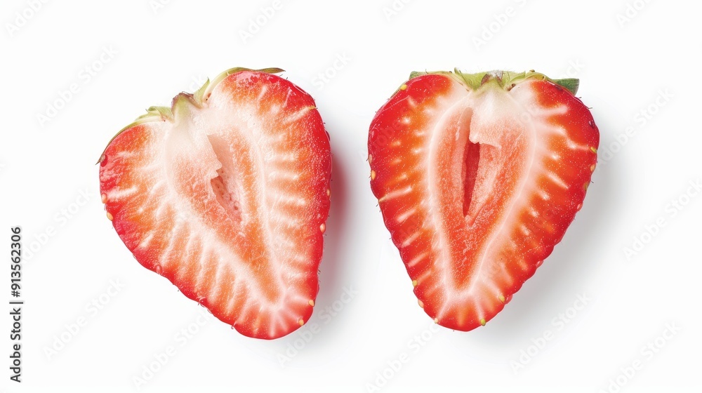 Fresh strawberries halved, displaying vibrant red flesh and seeds. Perfectly isolated on a white background with detailed texture Fresh strawberries halved, displaying vibrant red flesh and seeds. Perfectly isolated on a white background with detailed texture
