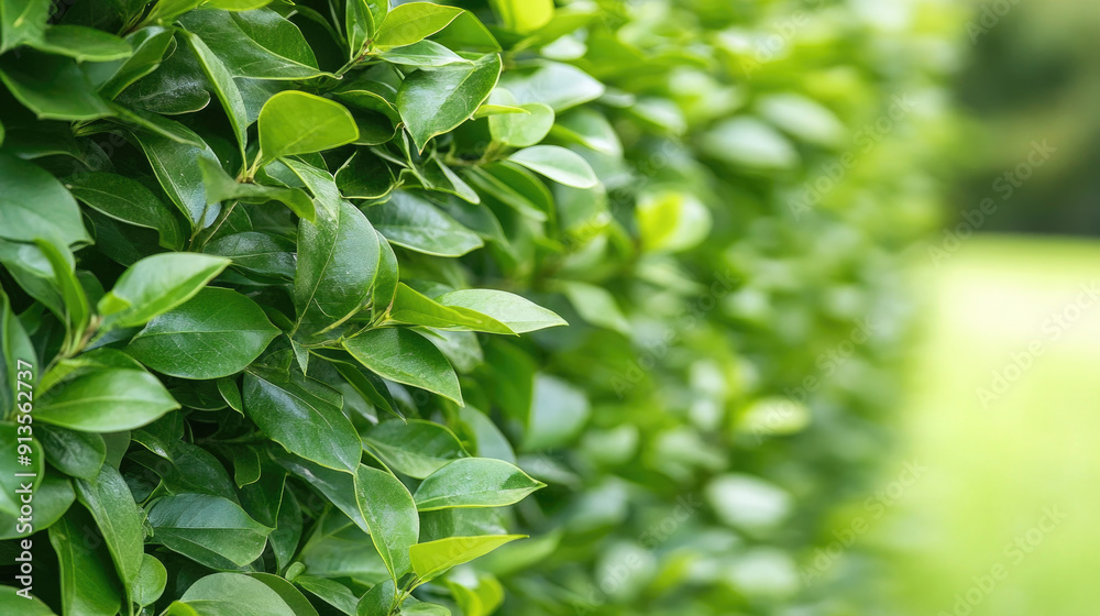 Fototapeta premium Close-up of lush green hedge with glossy leaves in a sunny garden. Perfect for nature, gardening, and landscape themes.