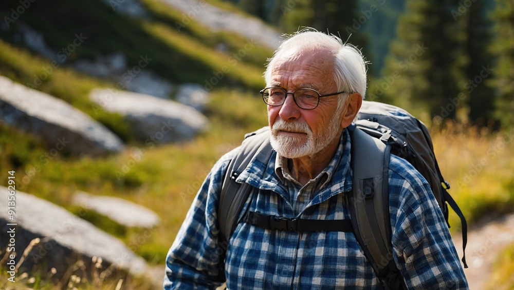 Elderly man hiking on a mountain trail. Middle-aged man hiking Elderly man hiking on a mountain trail. Middle-aged man hiking