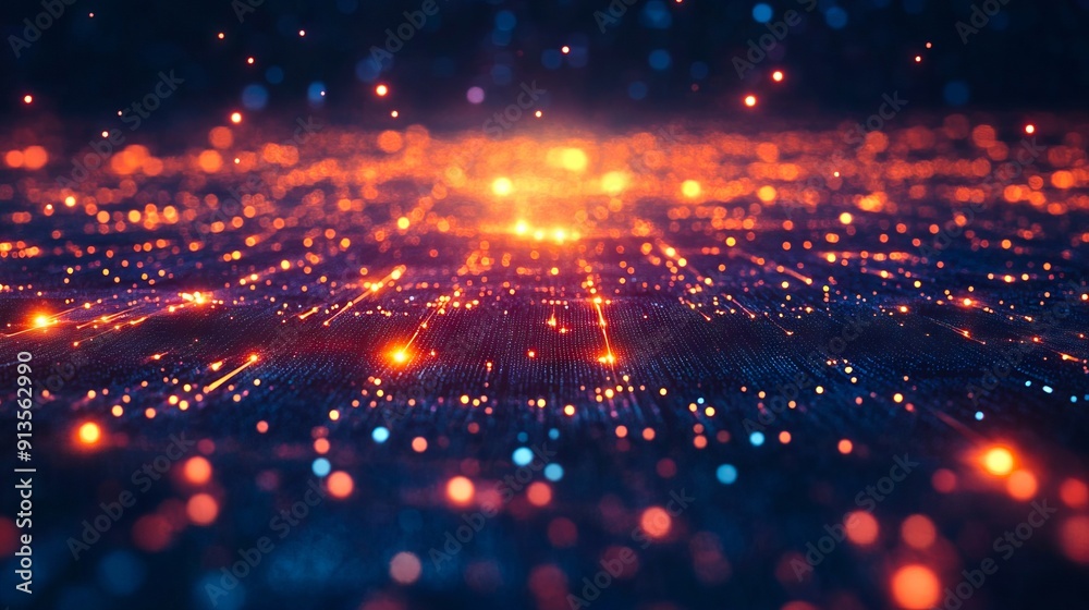 Obraz premium A close up of a blue and orange light shining through a dark background