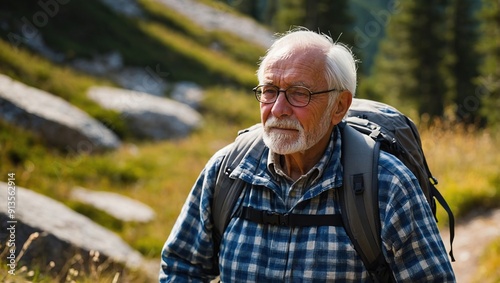 Elderly man hiking on a mountain trail. Middle-aged man hiking