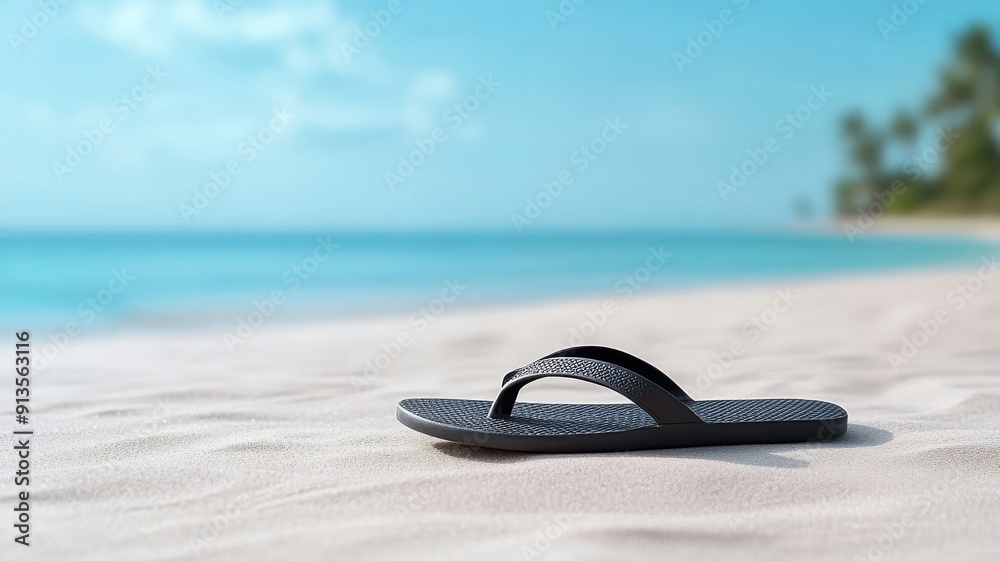 Single black flip-flop on white sand of deserted beach. Single black flip-flop on white sand of deserted beach.
