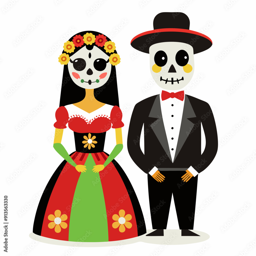 A skeleton bride and groom in traditional Mexican wedding attire art vector illustration A skeleton bride and groom in traditional Mexican wedding attire art vector illustration