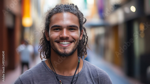 young smiling Australian aboriginal guy in casual clothes on city street, man, boy, nationality, indigenous population, teenager, urban background, portrait, person, people, businessman, student, teen