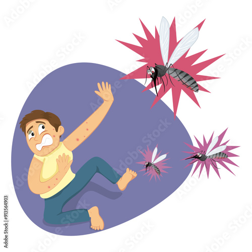 A man scared giant mosquitoes. Illustration, Vector,  Poster, Background or wallpaper.