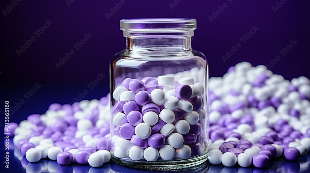 Drug bottle flat lay with white pills on a violet background copy space. Drug bottle flat lay with white pills on a violet background copy space.