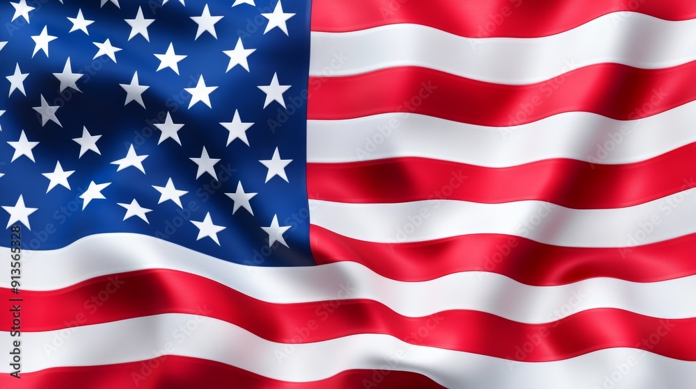 Naklejka premium Realistic waving American flag with vibrant red, white, and blue colors, showcasing each star clearly defined on a dark blue field