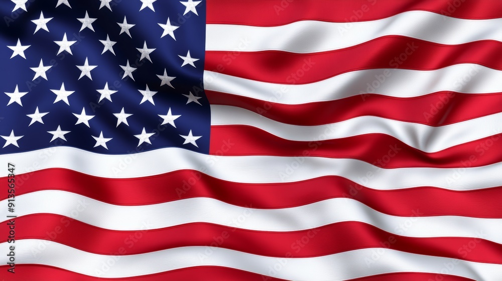 Fototapeta premium Realistic waving American flag with vibrant red, white, and blue colors, showcasing each star clearly defined on a dark blue field