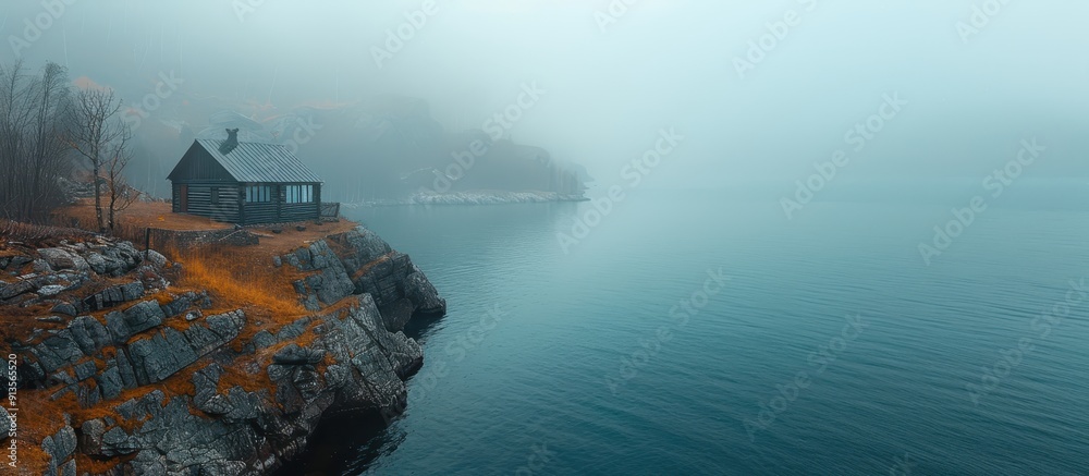 Fototapeta premium Serene Lakeside Cabin in Misty Morning Fog with Rocky Shoreline and Calm Waters
